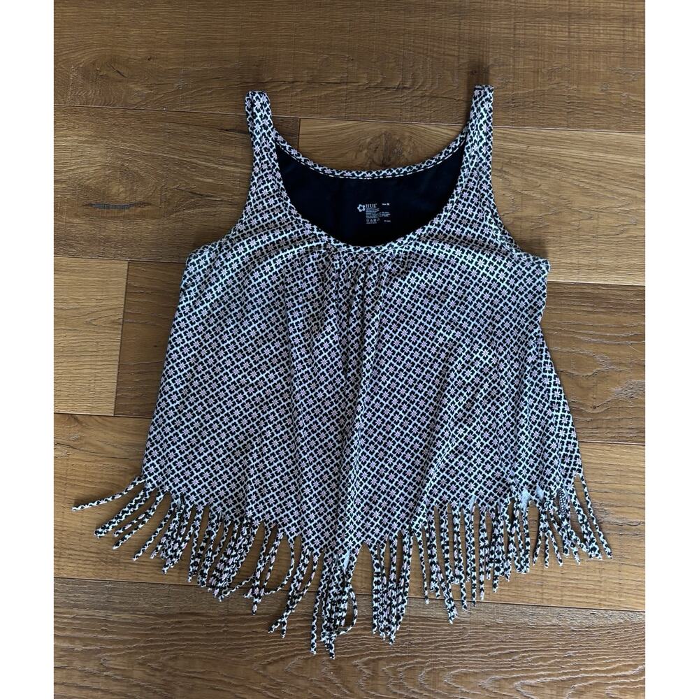HUE Black Pink Geometric Floral Fringe Hem Tank Top Sz M Boho Festival